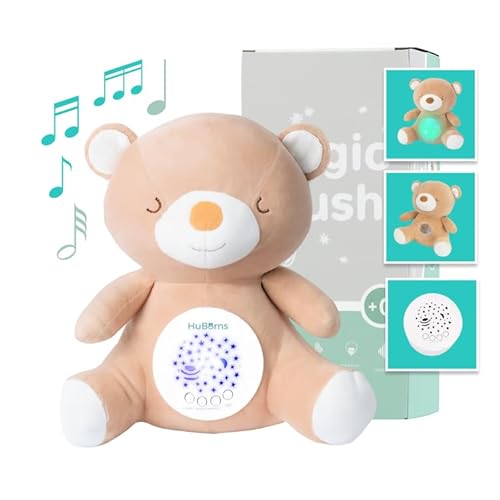 HuBorns - Peluche Musical Bebe con 3 Modos Ruido Blanco para Dormir y 15 Nanas, Luz Quitamiedos Infantil con Proyector de Estrellas y Galaxia, Regalo para Bebe Recién Nacidos Originales (Oso)
