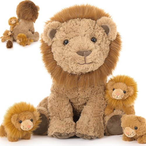 Peluche de león gigante MorisMos de 45 cm, mamá leona con bebés